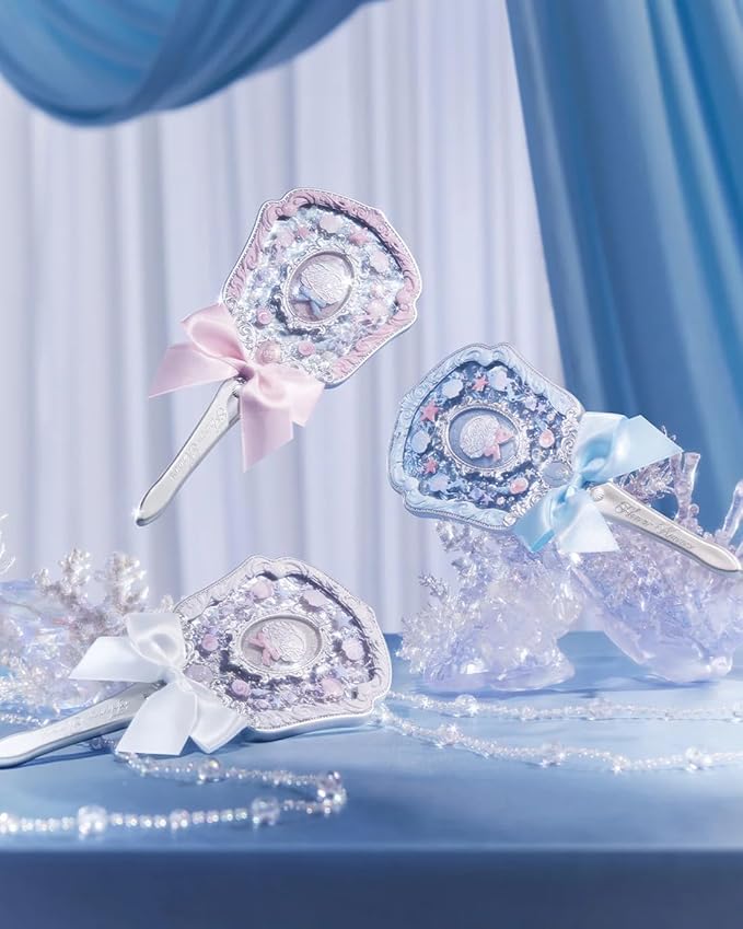Flower Knows Shell's Jewel Hand Mirror,Vintage Portable Handheld Mirror,Fancy & Pretty Princess Mirror with Long Handle,Gift for Girls(Pink Seashell)