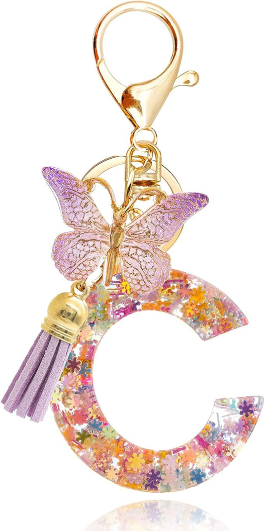Fashion Alphabet Initial Letter Keychain Tassel Butterfly Pendant Key Ring for Purse Handbags Women Girl