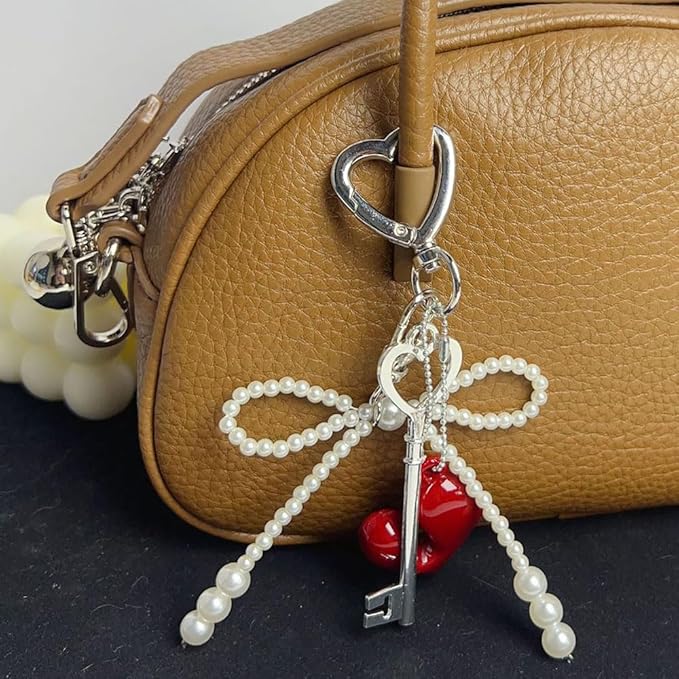 Cute Red Heart Pearl Bow Keychain Accessories, Decorative Pendant for Women's Keychain, Purse, Backpack, Handbags, Gifts