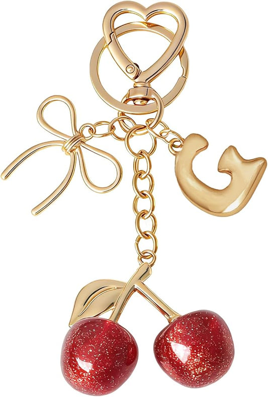 Snycler Bubble Initial Keychain with Cherry & Bow - Gold Letter Bag Charms for Women, Cute Purse Handbag Accessories