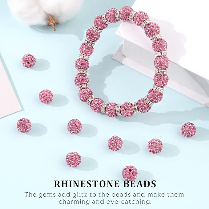 120pcs 10mm Rhinestone Beads for Jewelry Making, Dark Pink Shiny Round Shamballa Disco Ball Beads Bulk, Sparkle Crystal Clay Christmas for Bracelet Baseball Necklace Earring Crafting and DIY