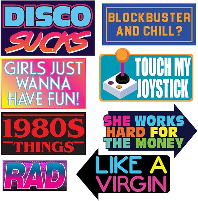 Retro 80's Photo Prop Set - 37 pcs - Funny 1980's Theme Party Decoration, Favors & Supplies