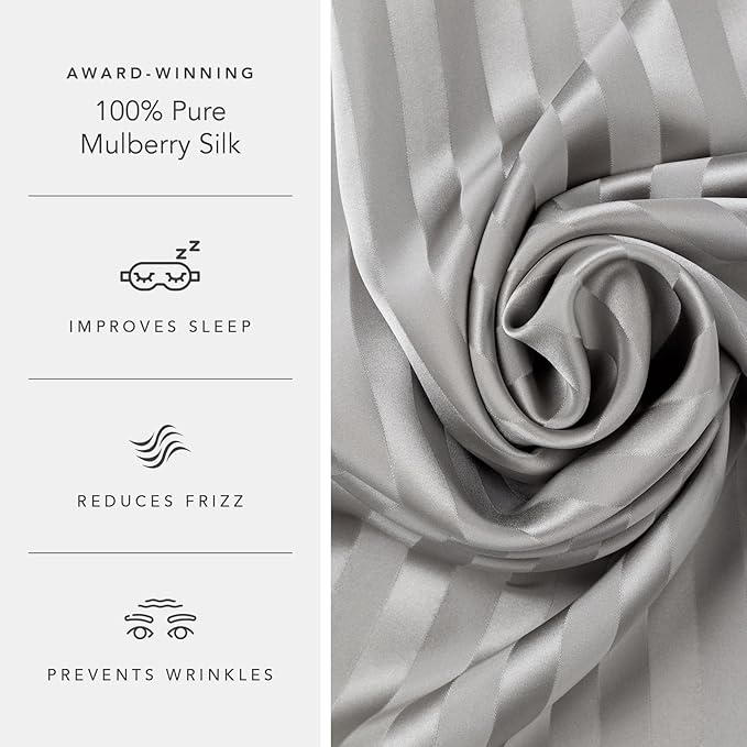 Fishers Finery 30mm 100% Pure Mulberry Silk Pillowcase Set, Quality Tested (Gray Stripe, King, 2 Pack)