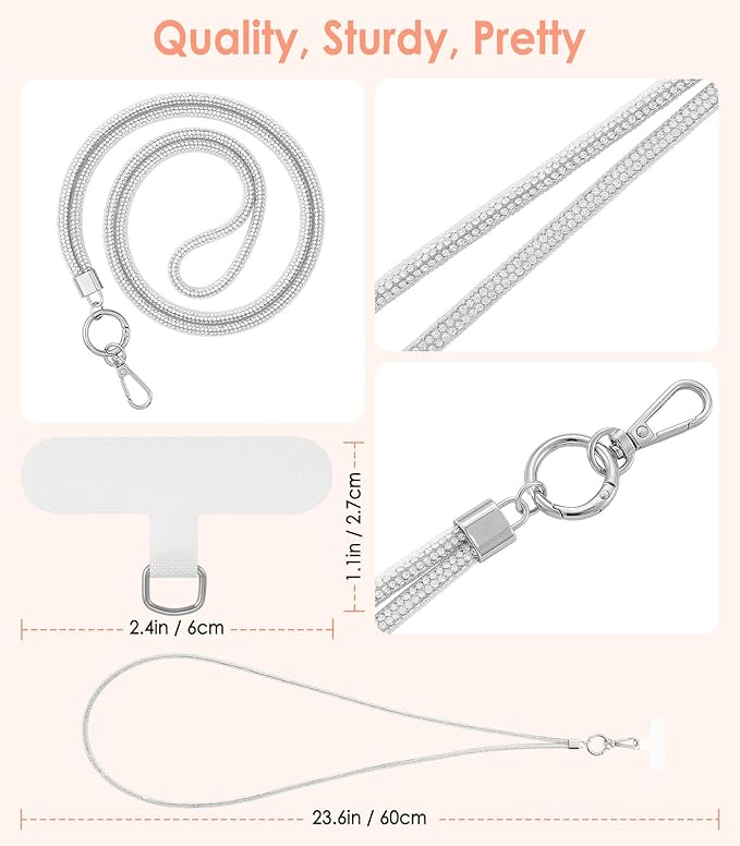 MoKo Universal Phone Lanyard, Metal Cell Phone Chain Crossbody Strap Anti-Theft Detachable Women Cellphone Lanyards Around The Neck with Patches for iPhone, Most Smartphones - Bright Silver