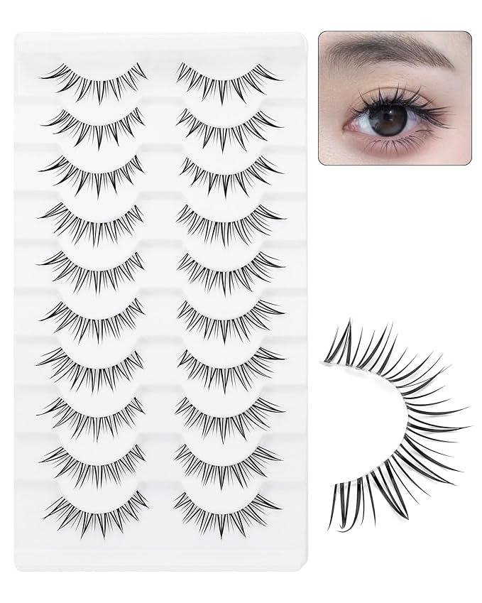 outopen 10 Pairs Fox Eye Manga Lashes Natural Look Asian Lashes Doll Style Spiky Clear Band Anime Lashes Wispy Cat Eye False Lashes Extension