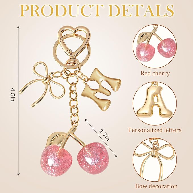 Snycler Bubble Initial Keychain with Cherry & Bow - Gold Letter Bag Charms for Women, Cute Purse Handbag Accessories