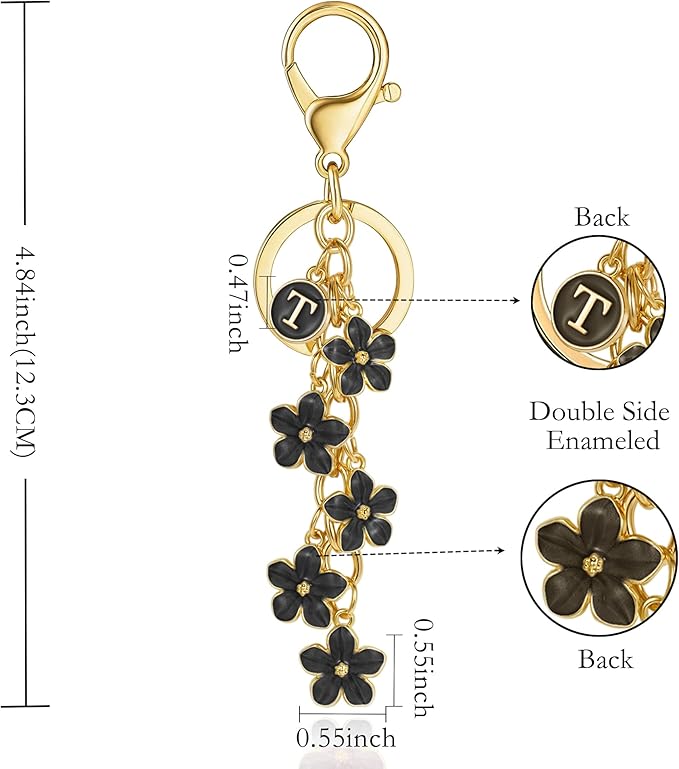 XGALBLA White Pink Black Cute Initial Letter Keychain for Women, Flower Bag Charms Enamel Keyring for Handbag Backpack