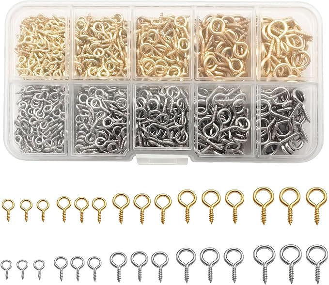 1000 Pcs Small Screw Eye Pin Jewelry Making Eyelet Hook Kits for Craft 5 Sizes Silver and Gold (4x8mm,5x10mm,6x12mm,7x14mm,8x16mm)
