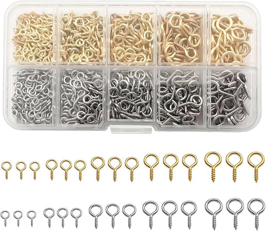 1000 Pcs Small Screw Eye Pin Jewelry Making Eyelet Hook Kits for Craft 5 Sizes Silver and Gold (4x8mm,5x10mm,6x12mm,7x14mm,8x16mm)