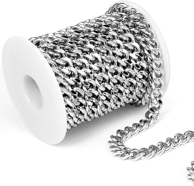 16.5 Feet Stainless Steel Cuban Chains Roll, 9mm Width Chunky Curb Link Chains Spool Bulk for Jewelry Meking