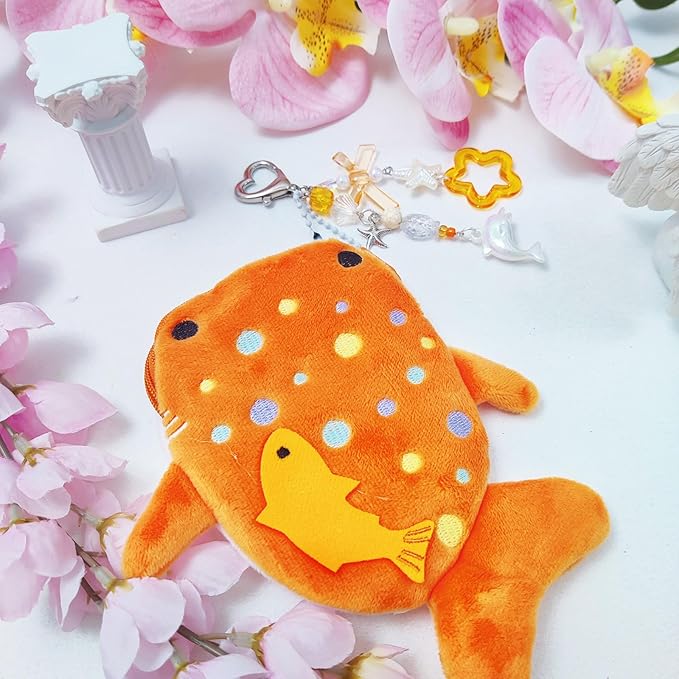 Adorable Whale Shark Coin Purse Keychain,Soft Plush Zipper Coin Purse,Handmade Purse Bag Charm Gift for Women (Orange)