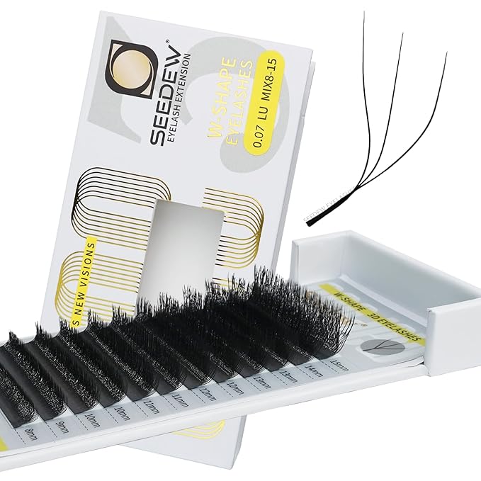 SEEDEW 3D Lash Extensions, 0.07mm LU/M Curl MIX8-15mm 12 Rows/Tray, W Shape Flat Stem, PBT Natural Eyelash Grafting for Beginner Artist, Lash Tech, Beauty Salon(3D-Matte Black-0.07-LU-MIX8-15mm)
