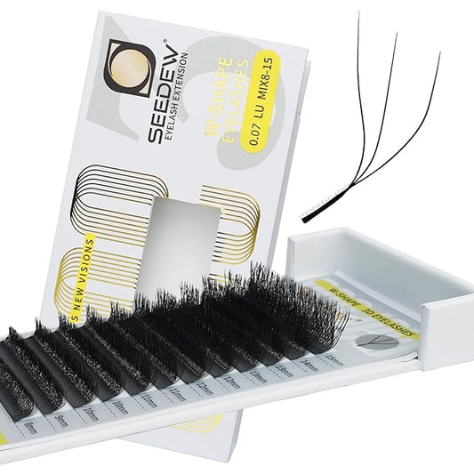 SEEDEW 3D Lash Extensions, 0.07mm LU/M Curl MIX8-15mm 12 Rows/Tray, W Shape Flat Stem, PBT Natural Eyelash Grafting for Beginner Artist, Lash Tech, Beauty Salon(3D-Matte Black-0.07-LU-MIX8-15mm)