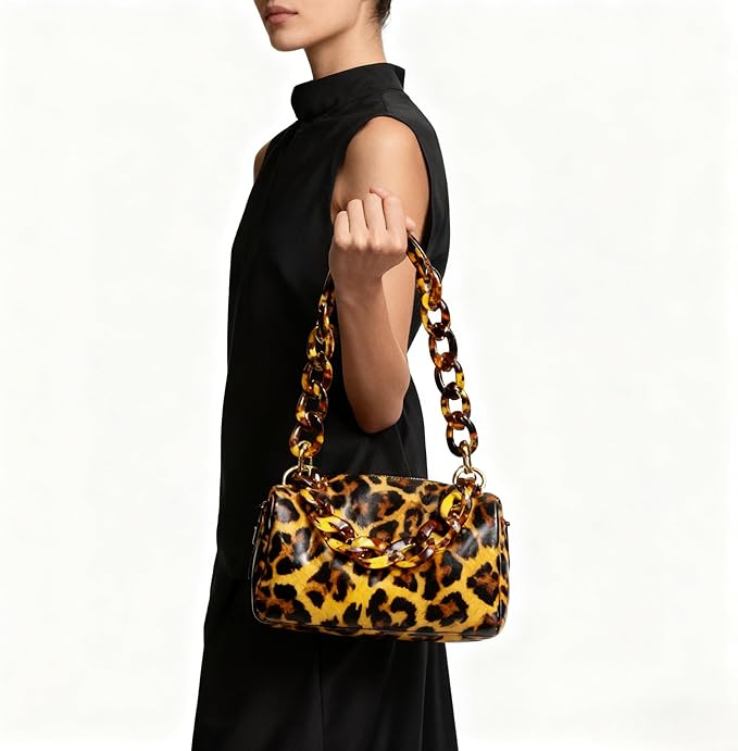 23.6"/60cm Vintage Acrylic Resin Chain Short Thick Resin Purse Shoulder Strap, Amber Color Leopard Print with Buckle