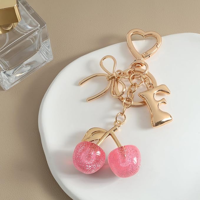 Snycler Bubble Initial Keychain with Cherry & Bow - Gold Letter Bag Charms for Women, Cute Purse Handbag Accessories