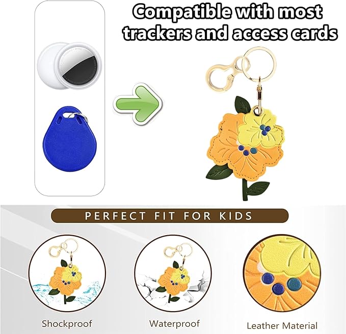 Leather Keychain Holder Case Compatible with AirTag,Cute Protective Apple Air Tag Cover with Keychain Ring,Anti-Scratch Finder GPS Tracker Case for Wallet Keys,bag,pets(Yellow Peach Blossom)