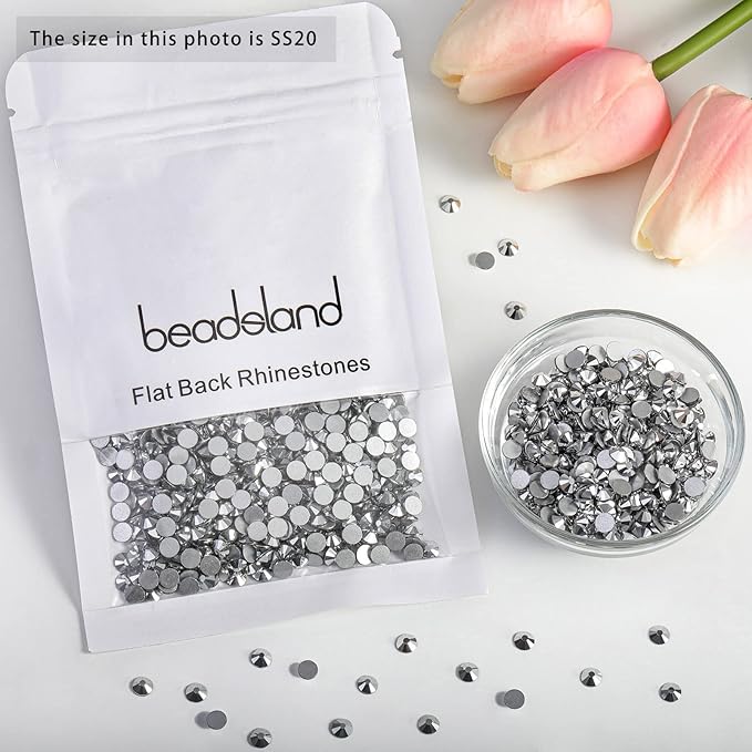 Beadsland Flat Back Crystal Rhinestones Round Gems for Nail Art and Craft Glue Fix, Silver Hematite, 4.6-4.8mm, SS20/1440pcs
