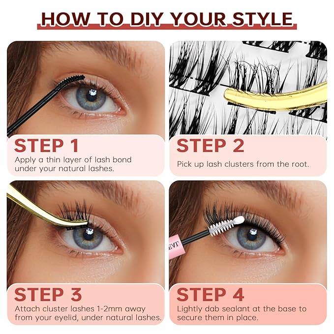 JOLIETIFY DIY Lash Extension Kit, Medium Dense Volume, Faux Mink 8-16mm Cluster Lashes, Soft & Fluffy, Waterproof Bond & Seal, Reusable Individual Lashes with Tweezers & Remover, Easy for Beginners