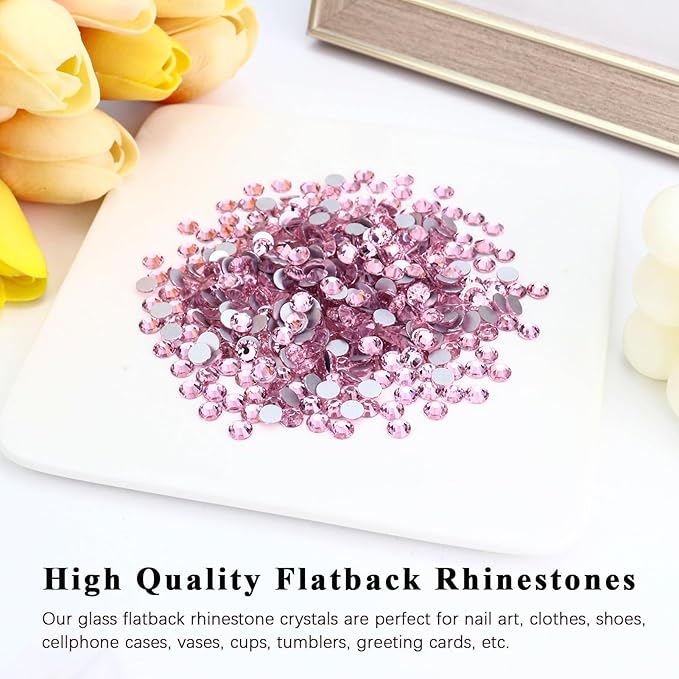1440PCS SS10 Crystal Glass Flatback Rhinestones, Round Flat Back Crystal Gems for Nail Art and Craft Clothes, Glue Fix Diamond Stones Light Pink (2.7-2.8mm)