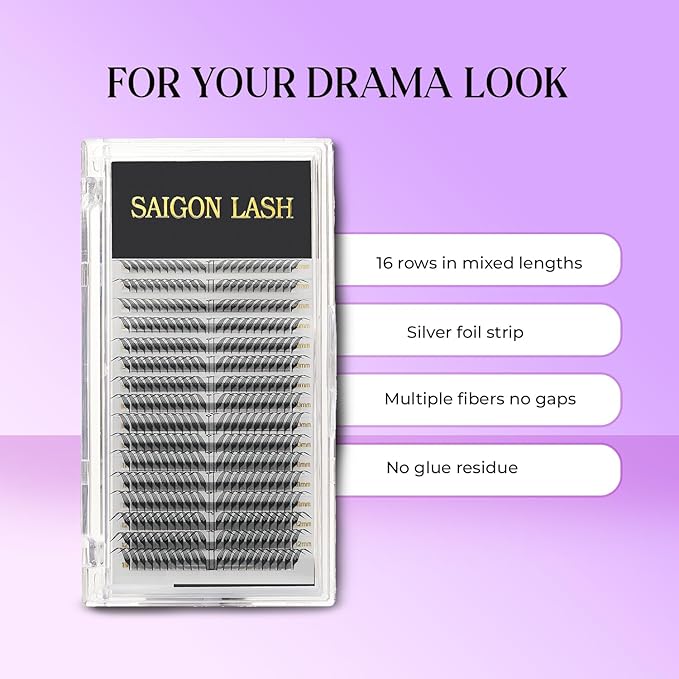SAIGON LASH Foxy Effect Promade Fans – Wispy Volume Lashes, CC Curl 0.07, 6–13mm Mixed Length, Handmade Loose Lash Extensions for Natural Lift (Black-CC-0.07-6 - 13mm)