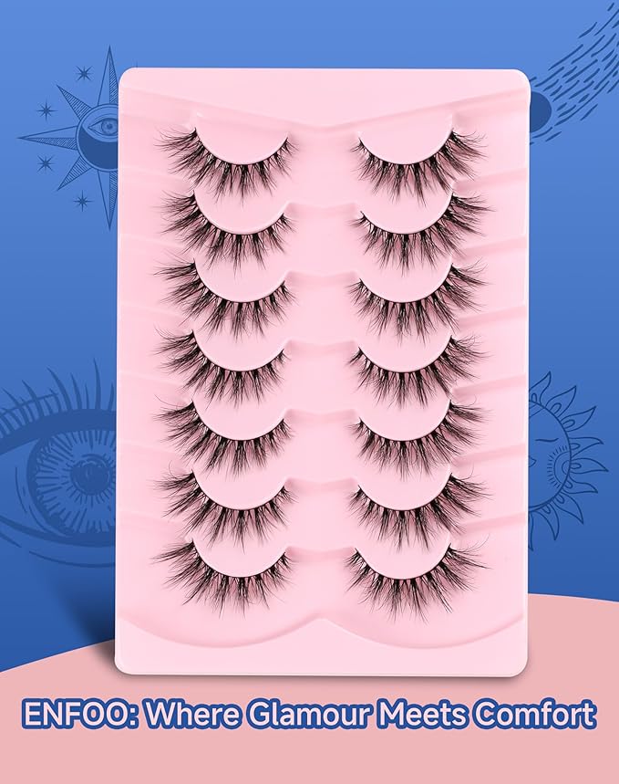 ENFOO Lashes Natural Wispy Strip Eyelashes Natural Look Flared False Eye Lashes Soft Lash Fluffy Cat Eyelash 7 Pairs Everyday D05