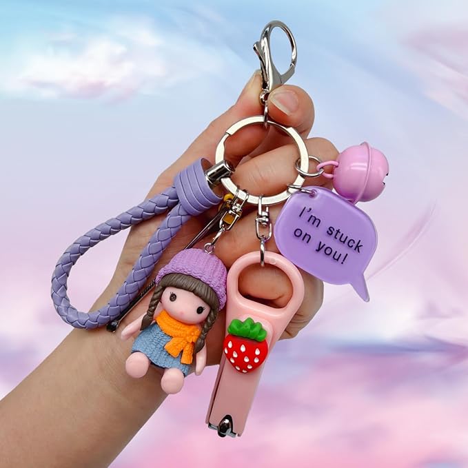 Cute Keychain with Nail Clipper Ear Pick for Women Girls Cute Key Chain Wristlet Cartoon Keychain Lanyard