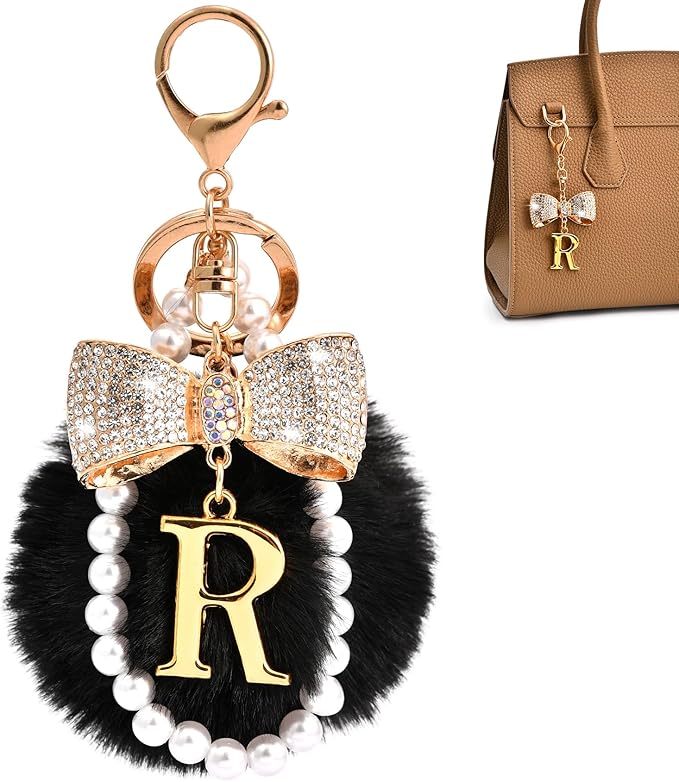 Gold Initial Keychain with Rhinestone Bow & Black Pom Pom, Cute Letter Bag Charm for Women Purse and Car Keys