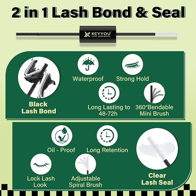 KEYYOU Lash Bond and Seal Black Bond and Seal Lash Glue 10ML Lash Cluster Glue Mascara for Long Lasting WaterProof Lash Extension Black-5ml+5ml