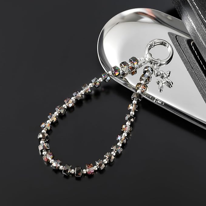 Crystal Phone Wrist Strap Phone Charm Chain Keychain Beaded Cellphone Lanyard with Tether Tab Hands-Free Wristlet Bracelet Wrist Grip Strap for Women, W-Black