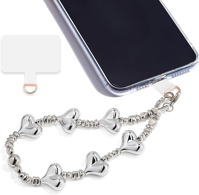 Marble Beaded Phone Wrist Strap,Detachable Phone Bracelet Strap with Tether Tab,Hands-Free Wristlet Strap (Silver Love)