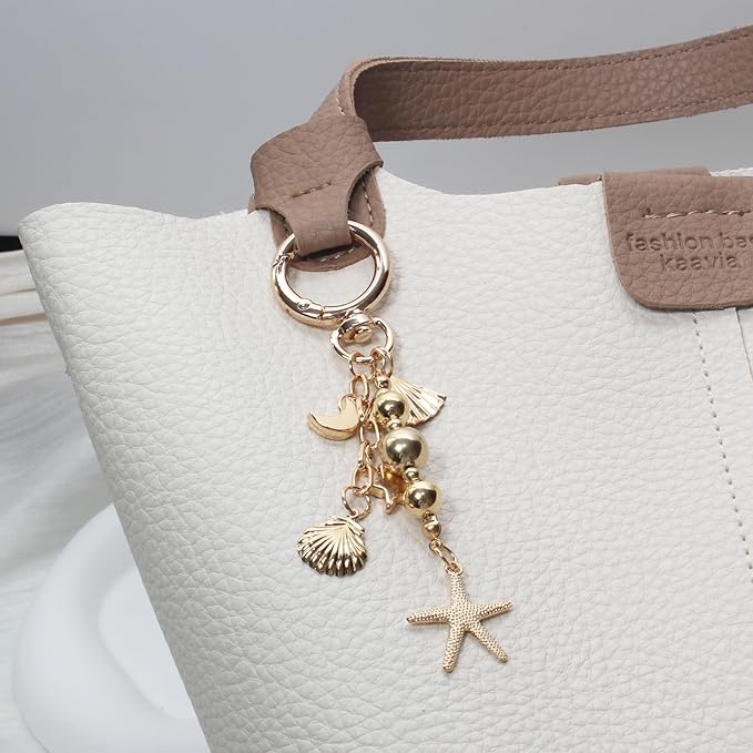 Pearl Beaded Keychain Charms, Cute Purse Charms for Handbags, Gold Starfish Keyring for Women, Heart Star Moon Shell