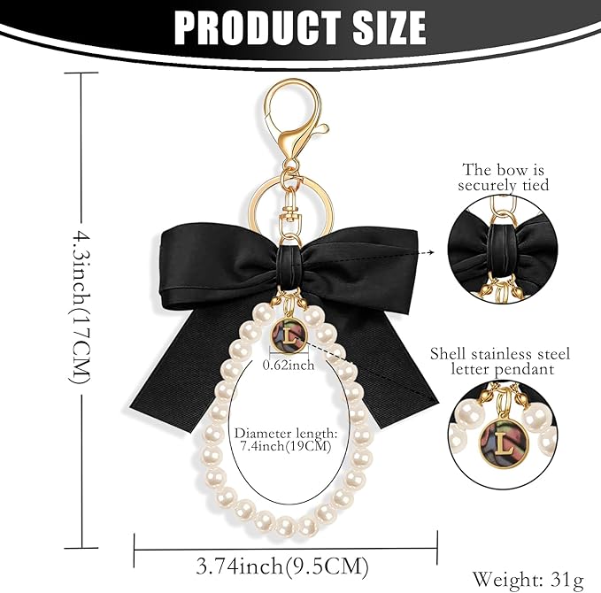 XGALBLA Initial Letter Cute Coquette Bow Keychain for Women, Wristlet Simulated Pearl Keychains Bag Charms for Handbags