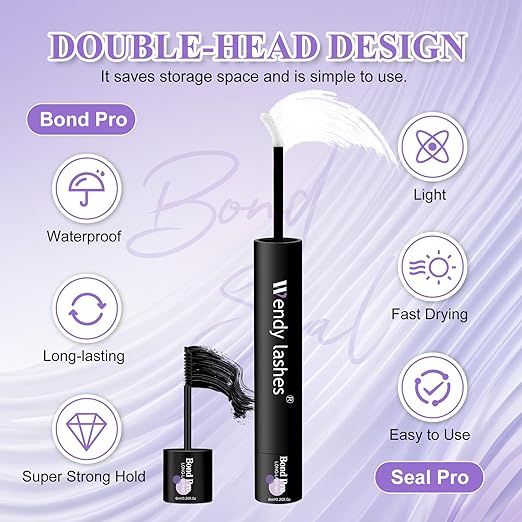 Wendy Upgraded Lash Cluster Glue: Lash Bond and Seal Pro Waterproof, Strong & Flexible Hold, Long-Lasting 72H, Gentle Low Odor, Quick-Dry, Eyelash Glue Bond Pro+Seal Pro（6ml+6ml）