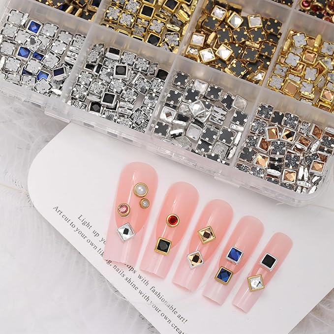 Luxury 3D Nail Art Charms Rhinestones, CYHYII 1 Box Metal Jewelry Nail Decoration Mixed Styles Colors Shiny Diamonds Vintage Pendants Nail Gems for Nail Decoration