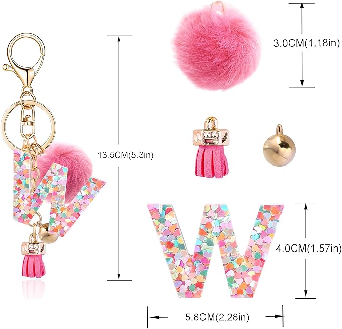 Resin Alphabet Initial Letter Keychain Keyring for Women Purse Handbags With Fur Ball Pom