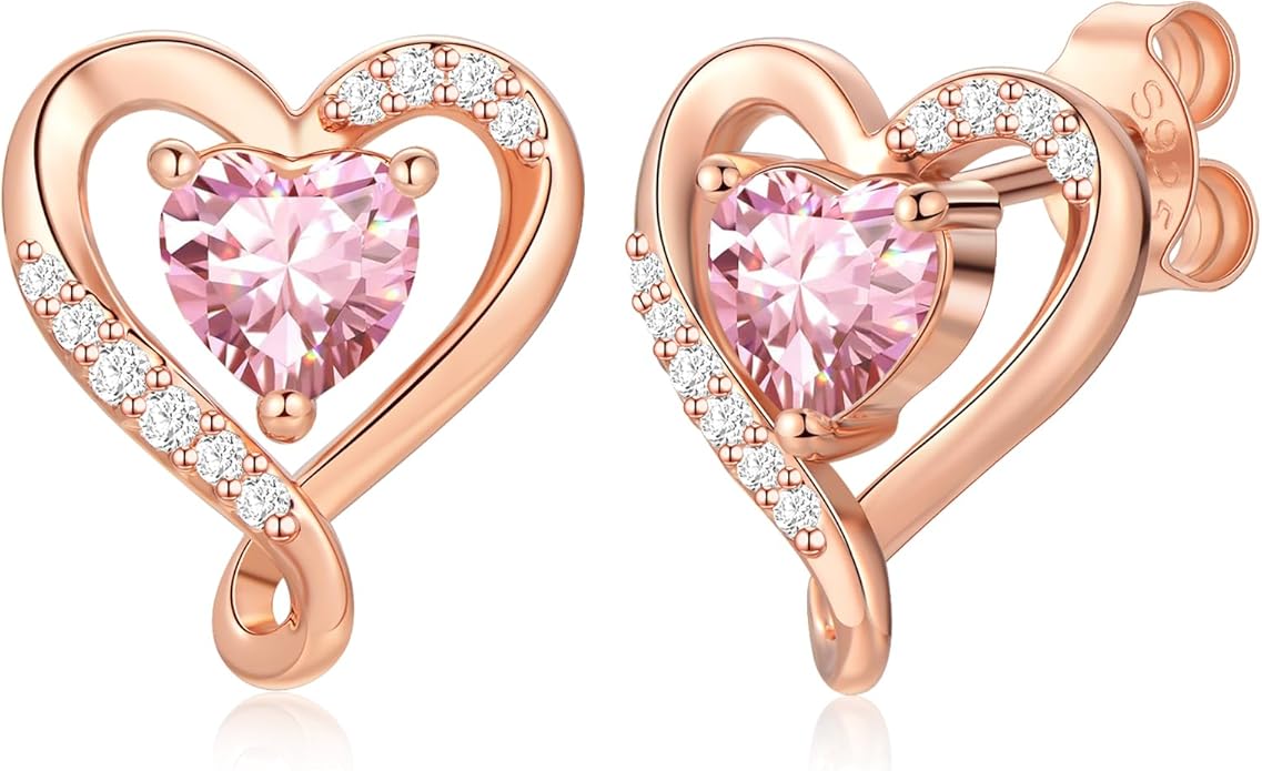Zifeel Earrings for Women, S925 Sterling Silver Rose Gold Birthstone Heart Studs Earring for Girlfriend Wife, Anniversary Birthday Christmas Valentines Mothers Day Gifts Jewelry for Women Wife Her Mom