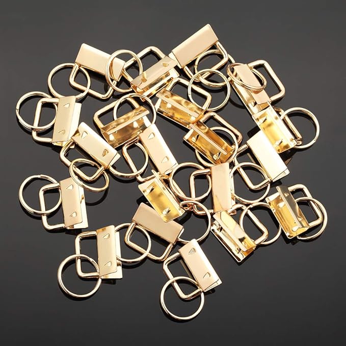 SPEEDWOX Key Fob Pliers and 20 Sets 1 Inch Key Fob Hardware with Keychain Split Rings Webbing Fabric Strapping Wristlet Golden Set Glass Breaking Pliers Tools with Rubber Tips