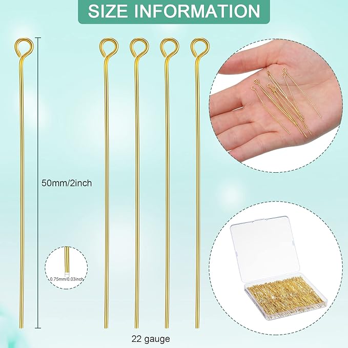 Sureio 500 Pieces 2 Inch 50 mm Eye Pins for Jewelry Making DIY Earring Eye Pins Jewelry Making Supplies for Craft Bracelet Necklace Pendant Accessories Supplies(Gold)