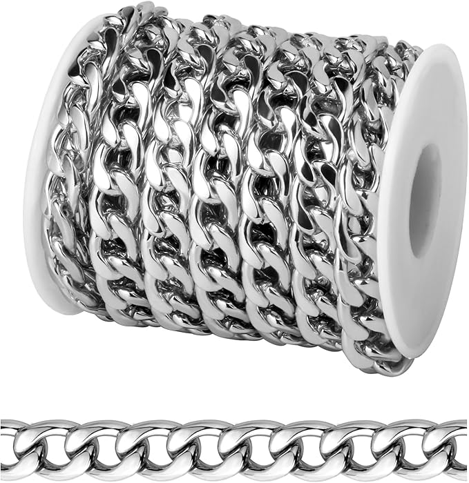 [16.5 FT] Silver Curb Chains for Jewelry Making, 9.8mm Wide 304 Stainless Steel Cuban Link Chain Roll Bulk for DIY Jewelry Making Craft