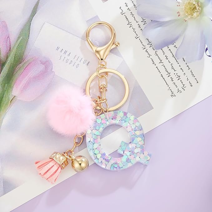 Resin Alphabet Initial Letter Keychain Keyring for Women Purse Handbags With Fur Ball Pom