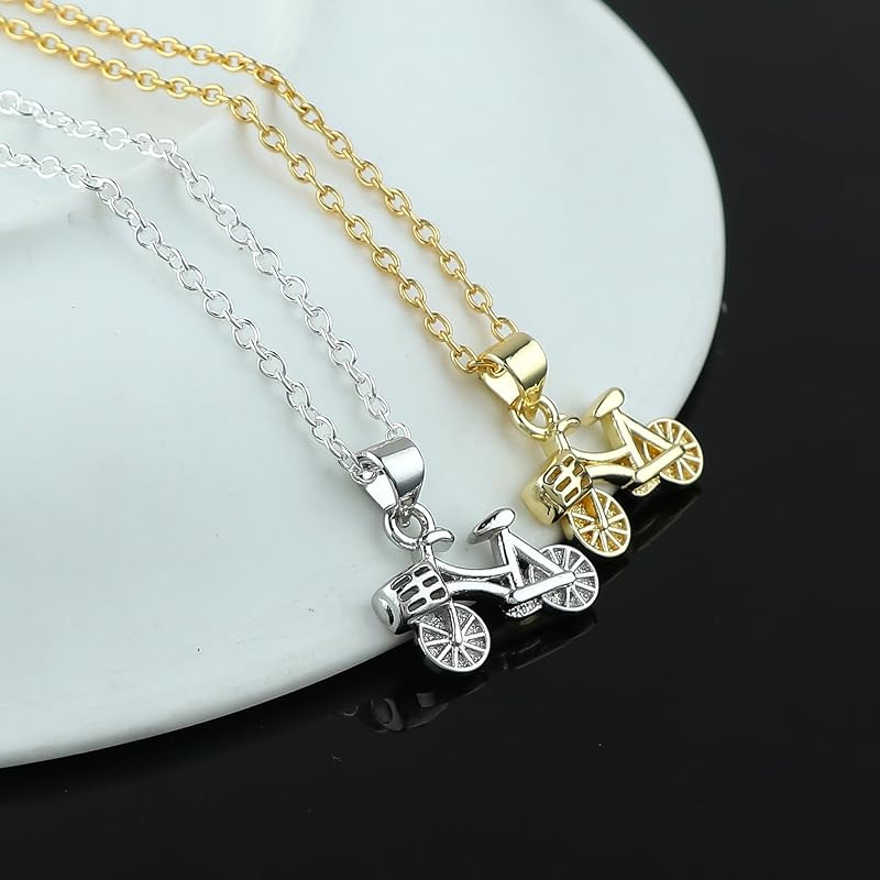 JOR Cycle Charm Pendant Necklace, Travel Lover Charm, Women Jewelry, Dainty Gold & Silver Plated Combo Chain 18 inch (Pack of 2)
