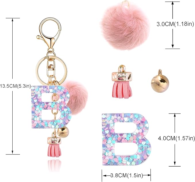 Resin Alphabet Initial Letter Keychain Keyring for Women Purse Handbags With Fur Ball Pom