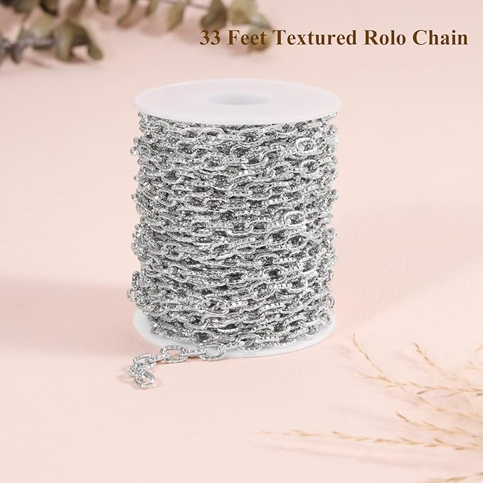 BORUINIE Silver Bulk Chain for Jewelry Making 33 Feet Aluminum Textured Oval Rolo Chains Spool for Crafts Bracelet Necklace Jewelry Making