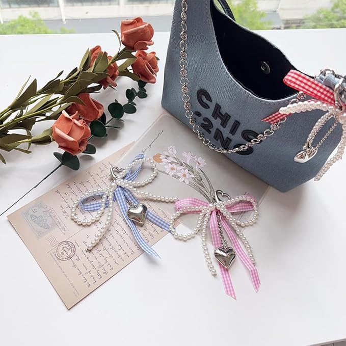 Pearl Bow Keychain Cute Y2k Lace Bowknot Keychain Coquette Aesthetic Accessories Bag Purse Handbag Backpack Charm