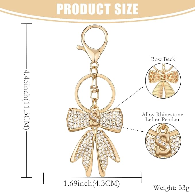 XGALBLA Sparkly Cute Initial Letter Rhinestone Bow Keychain for Women Gold Tone Bag Charms Coquette Aesthetic Purse Charms