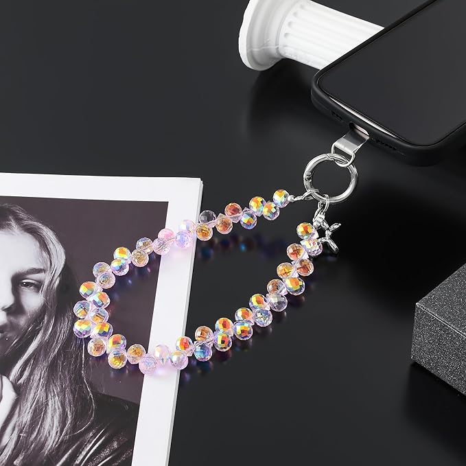 Crystal Phone Wrist Strap Phone Charm Chain Keychain Beaded Cellphone Lanyard with Tether Tab Hands-Free Wristlet Bracelet Wrist Grip Strap for Women, D-Pink AB