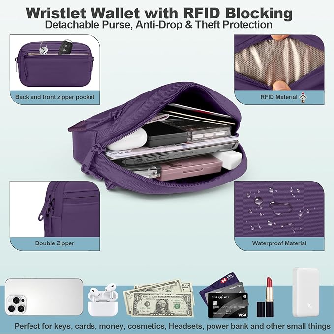 Clip and Go Strap for Phone with Wallet Crossbody, Adjustable Phone Lanyard with Detachable RFID Wristlet Wallet, Pattern Strap - Dark Purple (L)