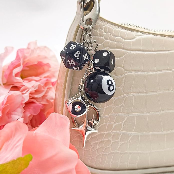 Y2K Keychain for Women, 8 Ball Dice Charm with Carabiner Clip - Cute Goth Core Keychain Bag Charm for Keys Bags Jeans