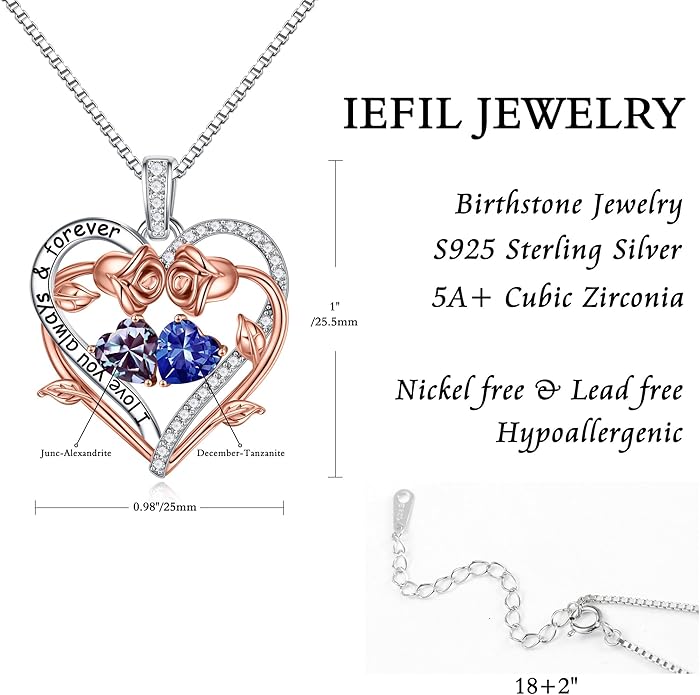 Iefil Valentines Gifts for Her Wife Women - Rose Heart Double Birthstone Necklace Gift for Wife Girlfriend Her Women, Birthstone Jewelry Gemstone Birthday Gifts for Mom Grandma Her