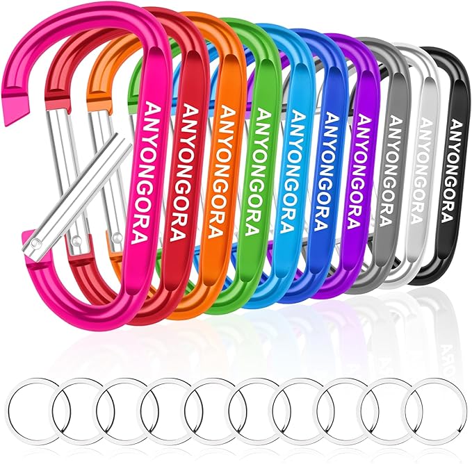 10 PCS Carabiner Clips, 3 Inch Aluminum Carabiners with 10 Key Rings, Multipurpose D-Ring Keychain Hook for Backpack, Camping, Hiking, Travel and Home Organization